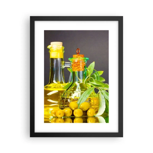 Poster în ramă neagră - Natură moarte cu măsline și ulei - 30x40 cm