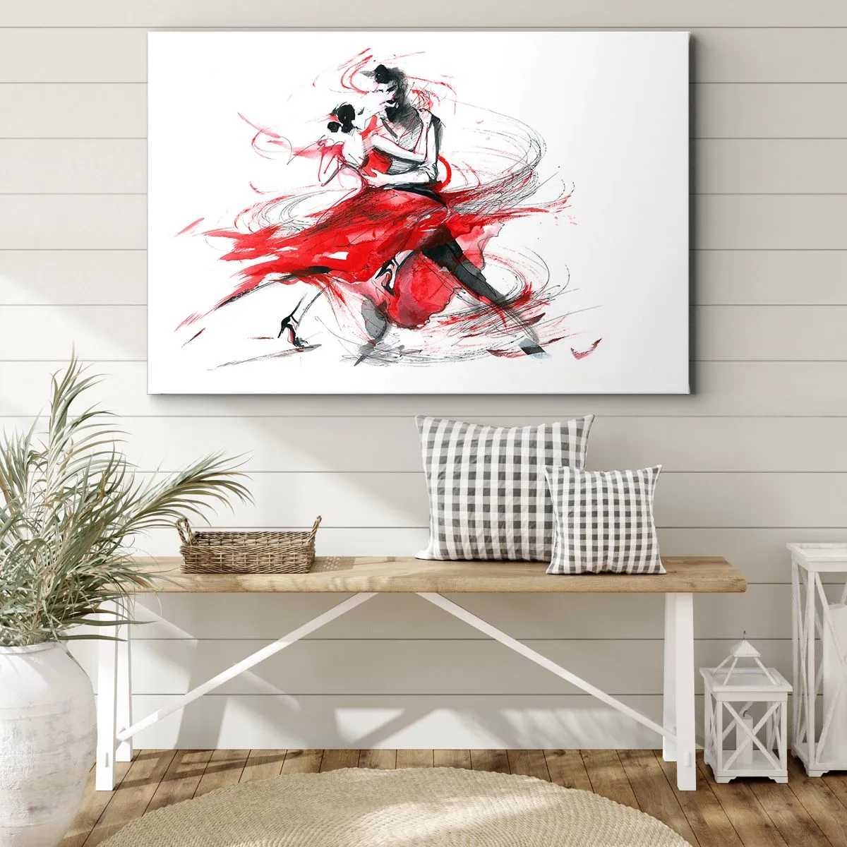 Tablou pe pânză Canvas - Dansatori într-un dans dinamic cu accente roșii - 70x50cm - Tango - ritmul pasiunii - Decorațiune modernă pentru perete pentru living și dormitor ARTTOR