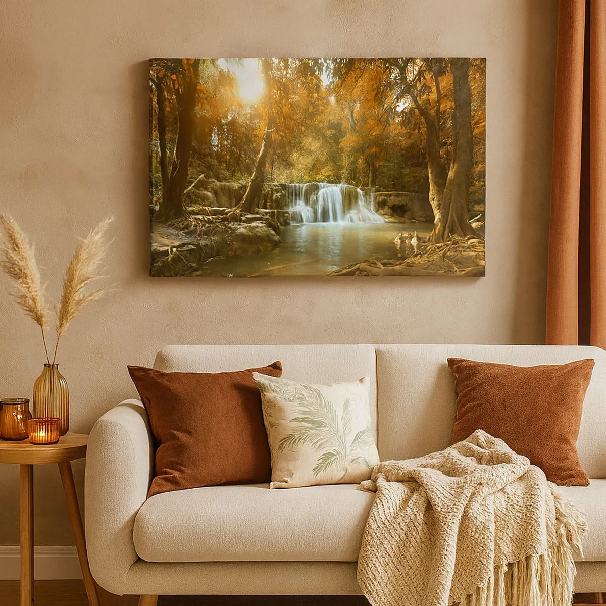 Tablou pe pânză Canvas - Peisaj de toamnă cu o cascadă - 70x50cm - Cascadă în parc - Decorațiune modernă pentru perete pentru living și dormitor ARTTOR