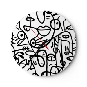 Ceas de perete - Ceas pe sticlă - Fețe de artă liniară abstractă pe fundal alb - 30x30cm - Chipuri și miraje - Decorațiune modernă pentru perete pentru living, bucătărie și dormitor ARTTOR