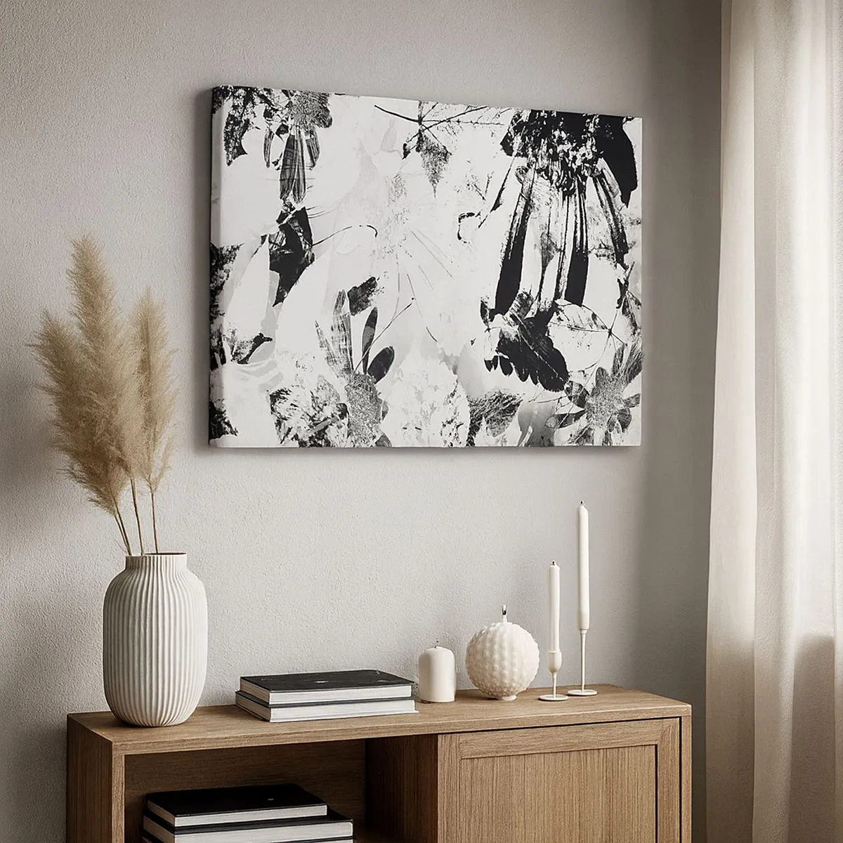 Tablou pe pânză Canvas - Flori abstracte alb-negru într-un stil minimalist - 70x50cm - Toamna în negativ - Decorațiune modernă pentru perete pentru living și dormitor ARTTOR