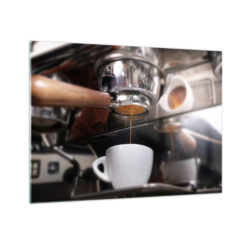 Tablou pe sticlă - Prim-plan al unei cești de cafea turnate dintr-un aparat de cafea sub presiune - 70x50cm - Cel mai bun moment al zilei - Decorațiune modernă pentru perete pentru living și dormitor ARTTOR