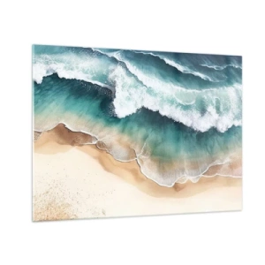 Tablou pe sticlă - Valurile oceanului se izbesc de o plajă aurie și nisipoasă - 70x50cm - Întâlnire eternă - Decorațiune modernă pentru perete pentru living și dormitor ARTTOR