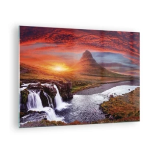 Tablou pe sticlă - Peisaj montan cu cascadă și apus de soare - 70x50cm - Imaginea Pământului de Mijloc - Decorațiune modernă pentru perete pentru living și dormitor ARTTOR
