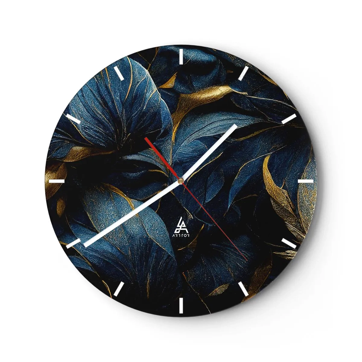 Ceas de perete - Ceas pe sticlă - Flori închise la culoare cu decorațiuni aurii delicate pe petale - 30x30cm - Căptușită cu aur - Decorațiune modernă pentru perete pentru living, bucătărie și dormitor ARTTOR
