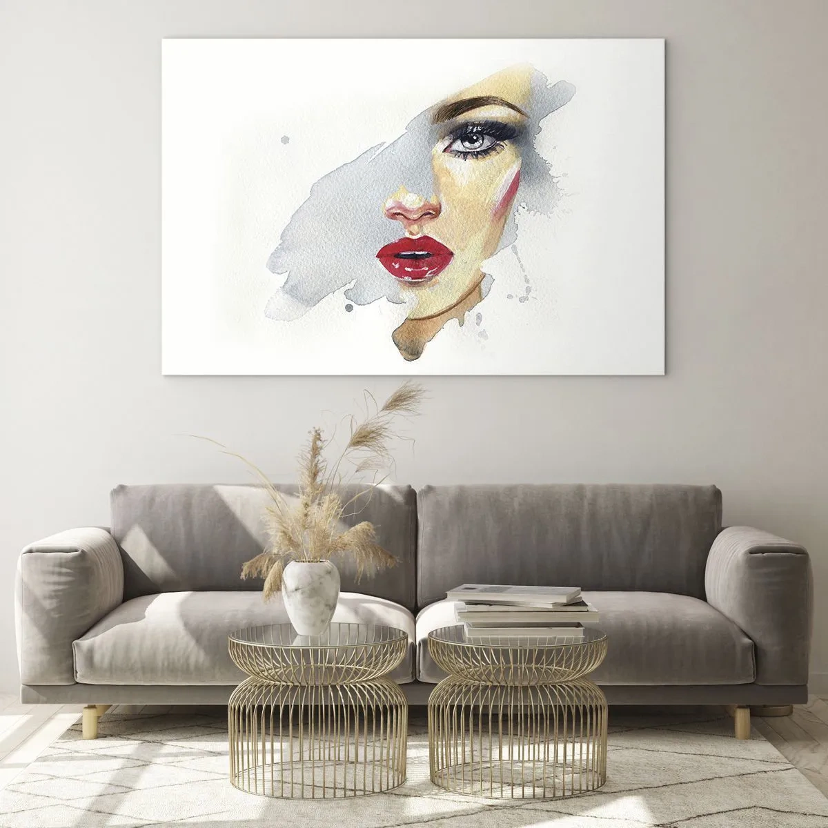 Tablou pe sticlă - Portret în acuarelă al unei femei cu buze roșii - 70x50cm - Reflecție într-o picătură de apă - Decorațiune modernă pentru perete pentru living și dormitor ARTTOR