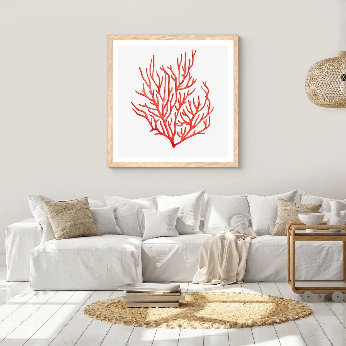 Poster în ramă de stejar deschis - Coral filigranat - 60x60 cm