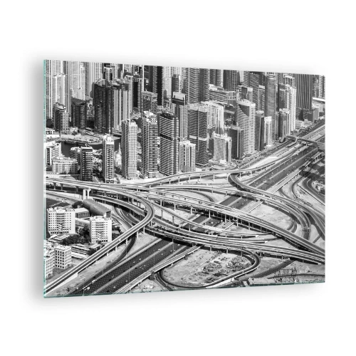 Tablou pe sticlă - Panoramă alb-negru a orașului cu o intersecție de autostradă - 70x50cm - Dubai - orașul imposibil - Decorațiune modernă pentru perete pentru living și dormitor ARTTOR