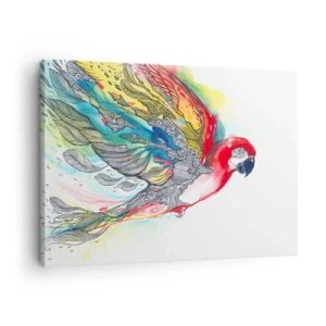 Tablou pe pânză Canvas - Un papagal colorat în zbor, cu modele abstracte pe aripi. - 70x50cm - Trăiește în culori - Decorațiune modernă pentru perete pentru living și dormitor ARTTOR