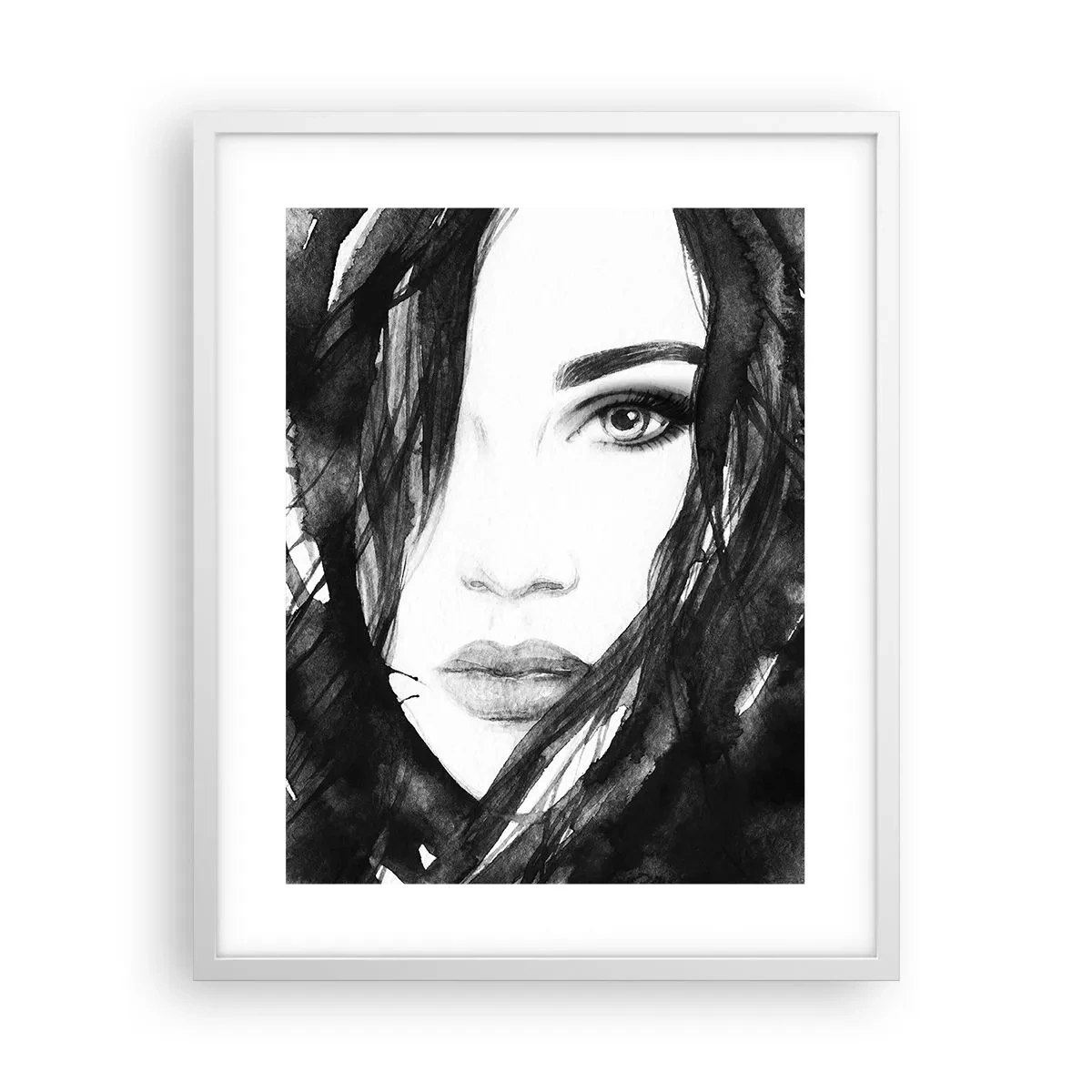 Poster în ramă albă - Studiu unei dame în alb și negru - 40x50 cm
