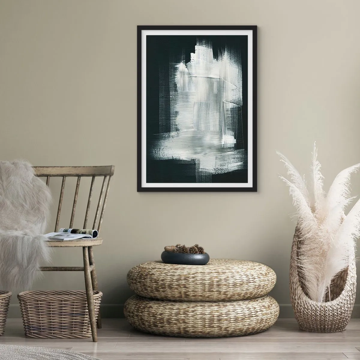 Poster în ramă neagră - Compoziție abstractă în alb pe fundal închis - 50x70cm - Țesut vertical și orizontal - Decorațiune modernă pentru perete pentru living și dormitor ARTTOR