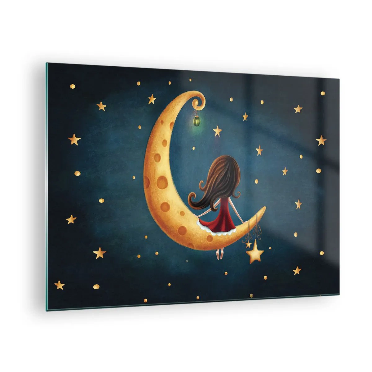 Tablou pe sticlă - O fată pe lună printre stele pe un fundal bleumarin - 70x50cm - A fost odată ca niciodată... - Decorațiune modernă pentru perete pentru living și dormitor ARTTOR