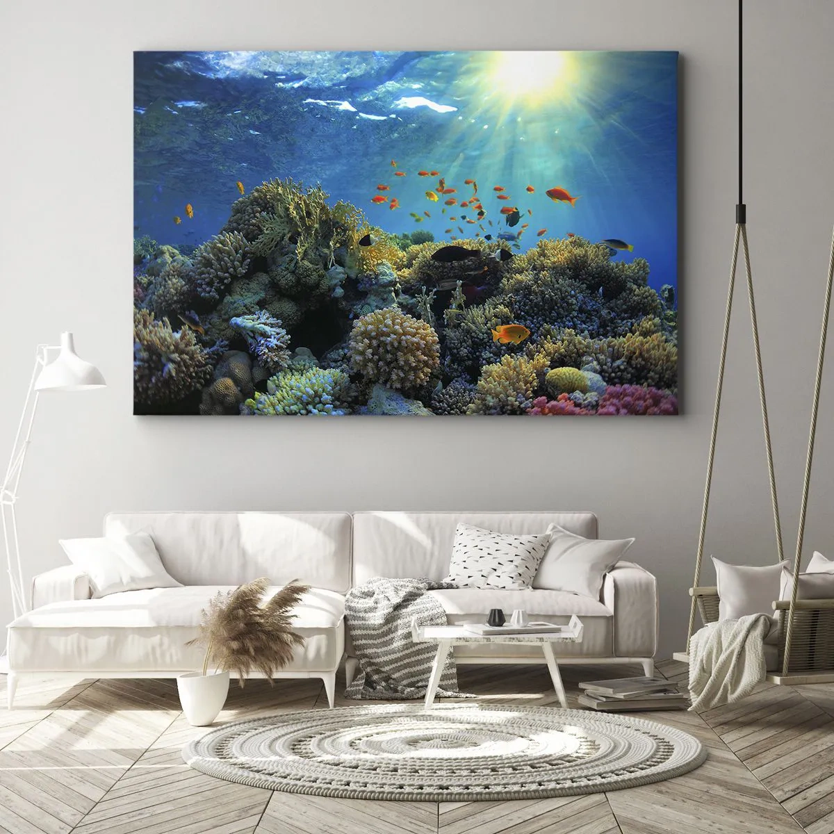 Tablou pe pânză Canvas - Recif de corali cu pești în razele soarelui sub apă - 70x50cm - Comori subacvatice - Decorațiune modernă pentru perete pentru living și dormitor ARTTOR