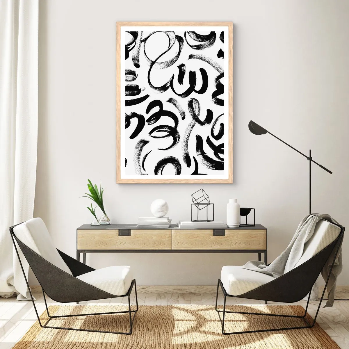 Poster în ramă de stejar deschis - Negru pe alb - 70x100 cm