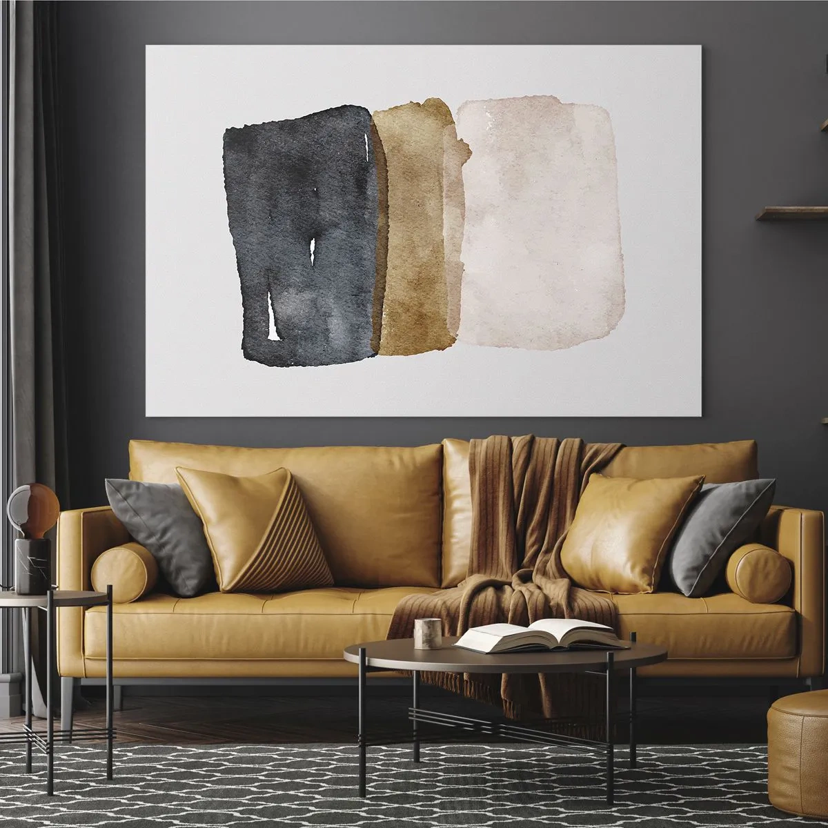 Tablou pe sticlă - Pete abstracte în nuanțe de negru, maro și bej - 70x50cm - Compoziția culorilor pământului - Decorațiune modernă pentru perete pentru living și dormitor ARTTOR