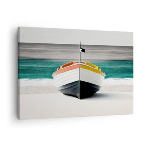 Tablou pe pânză Canvas - O barcă pe plajă cu o mare turcoaz în fundal - 70x50cm - În locul ei - Decorațiune modernă pentru perete pentru living și dormitor ARTTOR