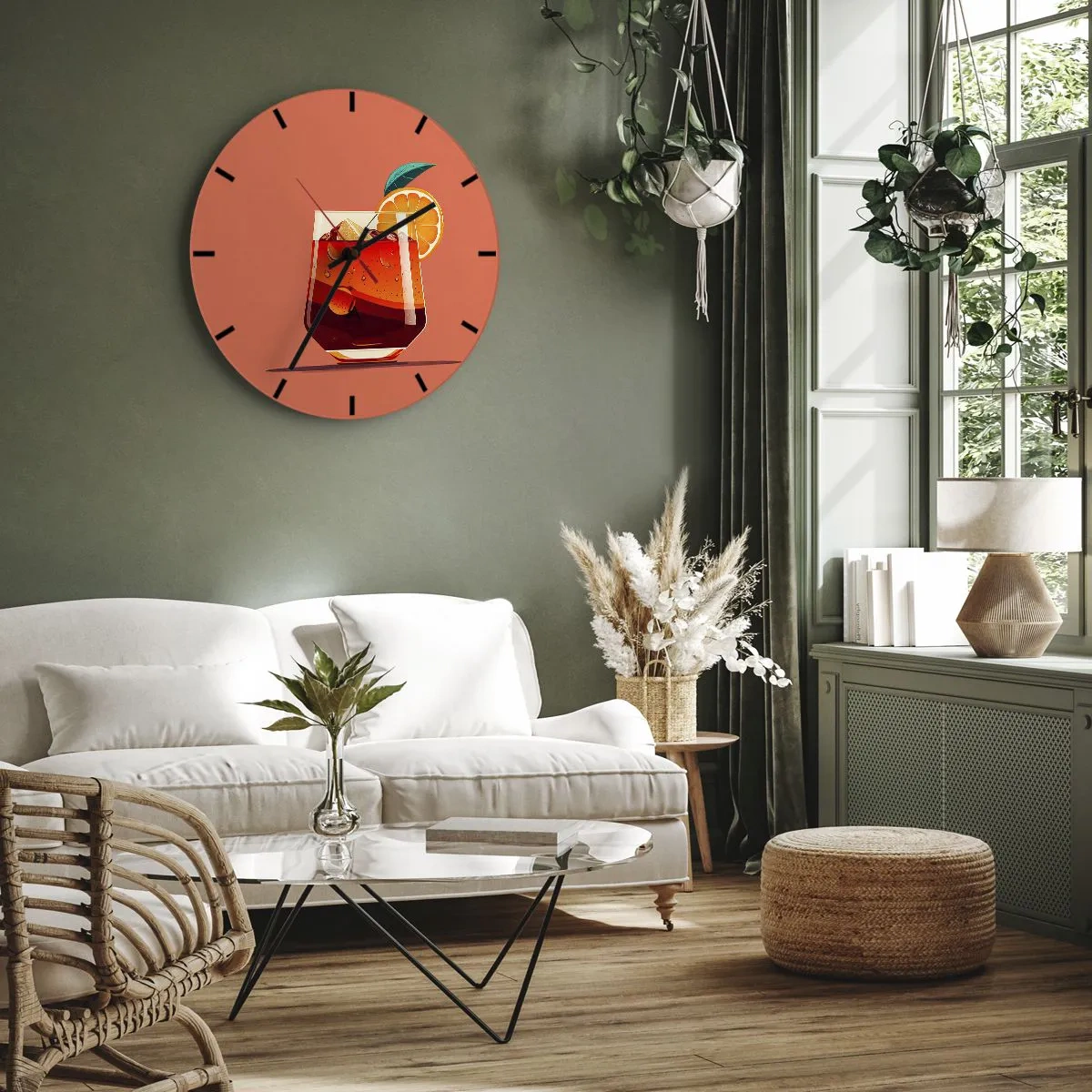 Ceas de perete - Ceas pe sticlă - Un pahar de băutură de vară cu o felie de portocală și gheață - 30x30cm - Răcoare de vară - Decorațiune modernă pentru perete pentru living, bucătărie și dormitor ARTTOR