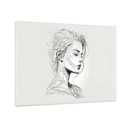 Tablou pe sticlă - O schiță alb-negru a unei femei cu ochii închiși într-o linie delicată. - 70x50cm - Desenată cu linii - Decorațiune modernă pentru perete pentru living și dormitor ARTTOR