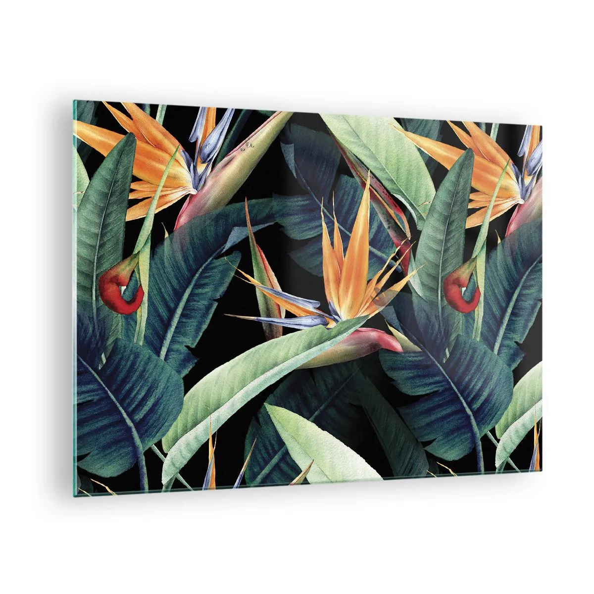 Tablou pe sticlă - Flori de Strelitzia și frunze tropicale pe fundal negru - 70x50cm - Florile de flacără ale tropicelor - Decorațiune modernă pentru perete pentru living și dormitor ARTTOR
