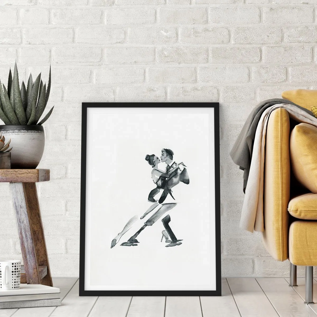 Poster în ramă neagră - Pictură în acuarelă alb-negru a unui cuplu dansator - 50x70cm - Într-un ritm - Decorațiune modernă pentru perete pentru living și dormitor ARTTOR