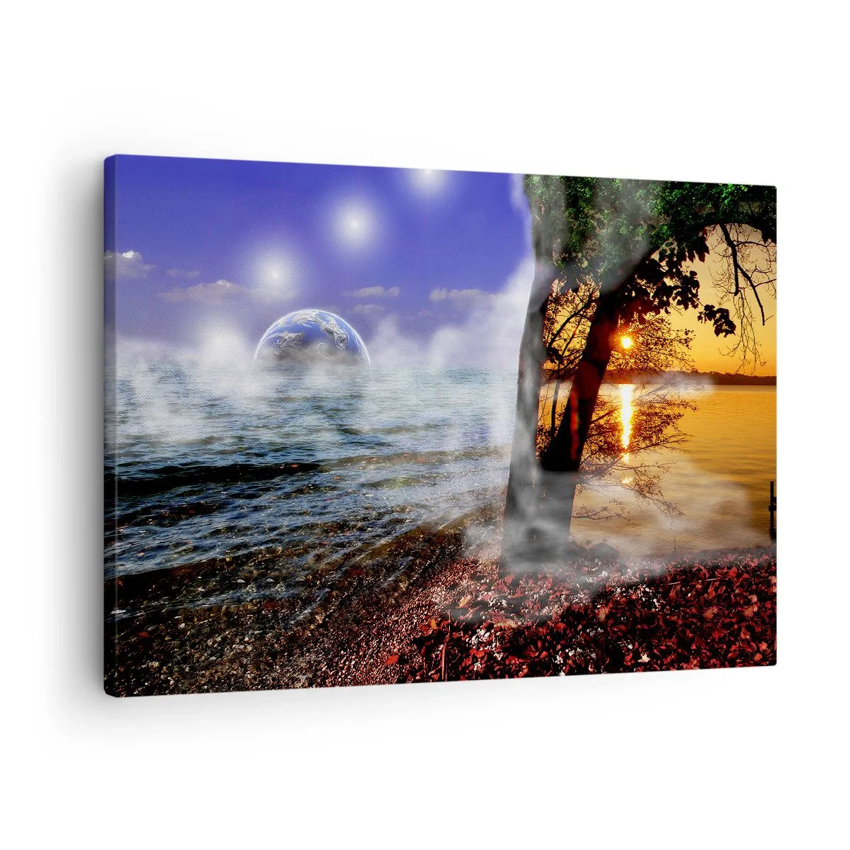 Tablou pe pânză Canvas - Peisaj fantastic cu mare, copaci și apus de soare. - 70x50cm - Peisaj suprarealist - unitatea naturii - Decorațiune modernă pentru perete pentru living și dormitor ARTTOR