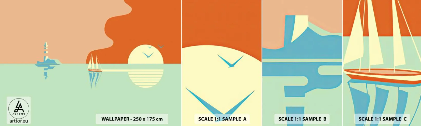 Mostră de Tapet Standard Eco - Peisaj marin perfect - Abstracția, Barca de navigat, Felinar - 100x30 cm