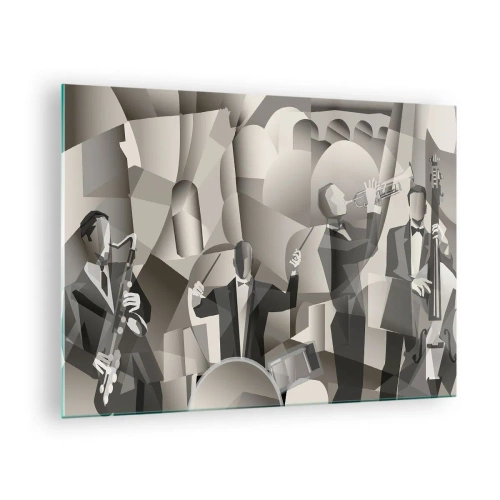 Tablou pe sticlă - Scenă stilizată pentru o trupă de jazz în tonuri monocromatice - 70x50cm - În spațiul sunetelor - Decorațiune modernă pentru perete pentru living și dormitor ARTTOR