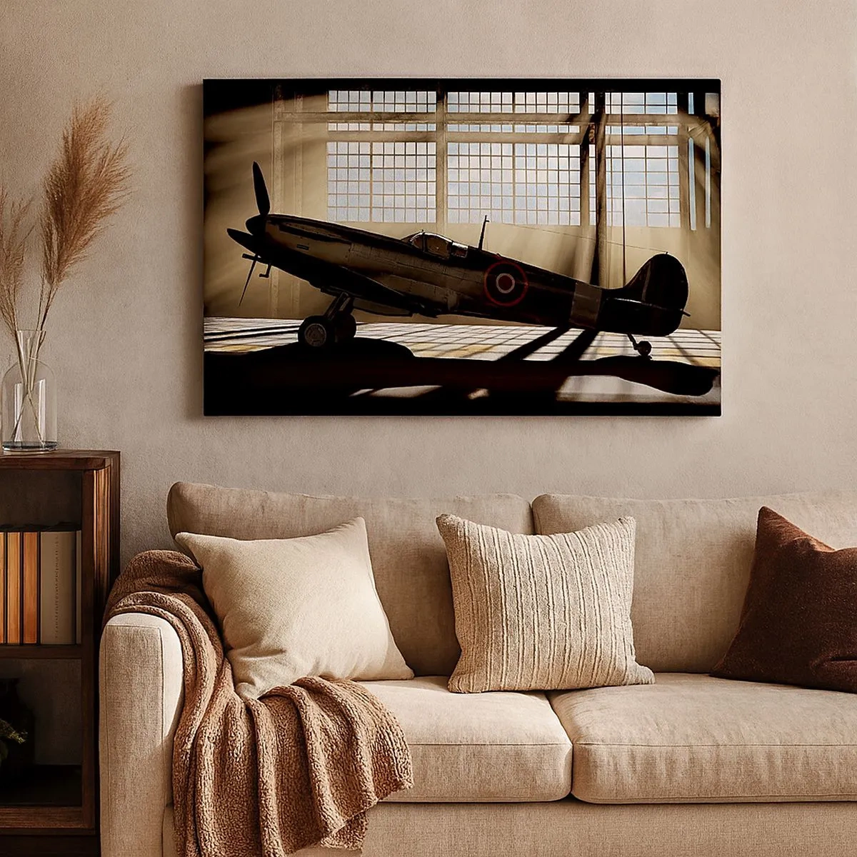 Tablou pe pânză Canvas - Un avion istoric într-un hangar luminat de lumina soarelui - 70x50cm - Odihna războinicului - Decorațiune modernă pentru perete pentru living și dormitor ARTTOR
