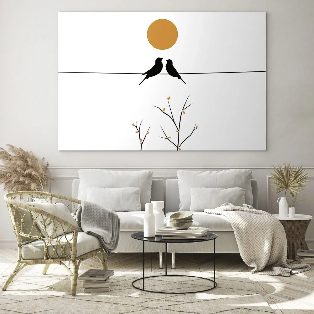 Tablou pe sticlă - Păsări pe o linie sub un soare portocaliu - 70x50cm - Seară cu privighetori - Decorațiune modernă pentru perete pentru living și dormitor ARTTOR