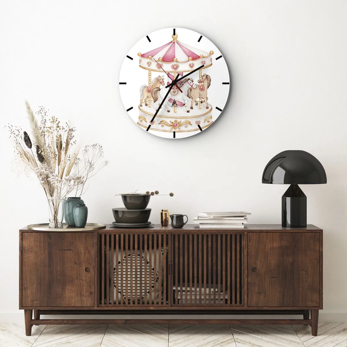 Ceas de perete - Ceas pe sticlă - Carusel roz și crem cu cai pe fundal alb - 30x30cm - Lumea dulce a copilăriei - Decorațiune modernă pentru perete pentru living, bucătărie și dormitor ARTTOR