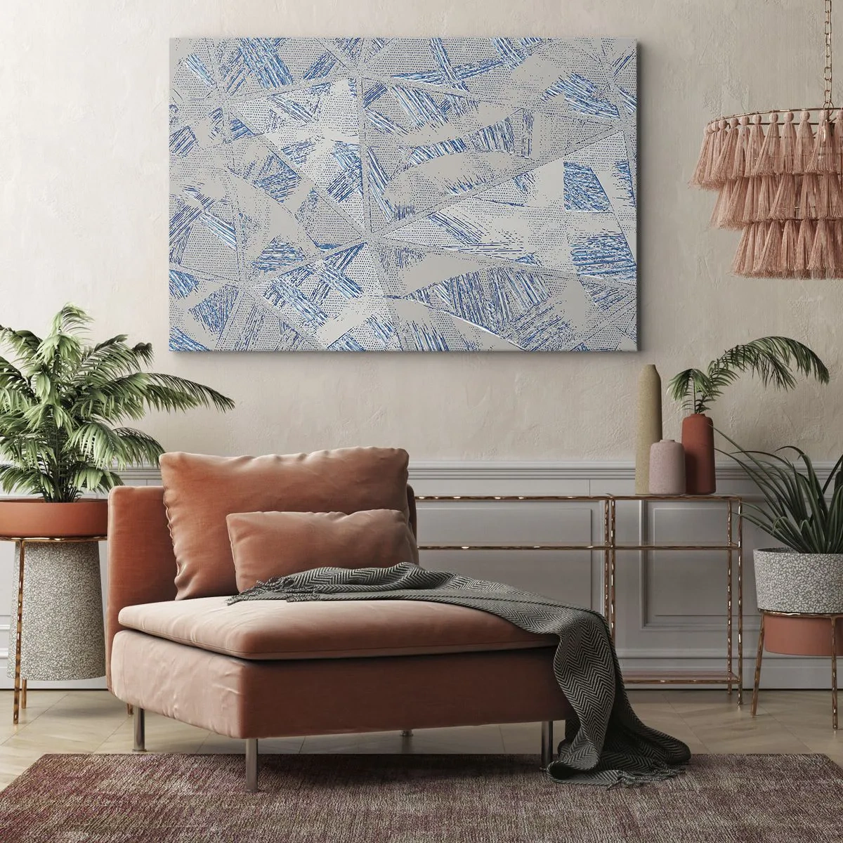 Tablou pe pânză Canvas - Modele geometrice în nuanțe de albastru și gri - 70x50cm - Într-un labirint de gri-albastru - Decorațiune modernă pentru perete pentru living și dormitor ARTTOR