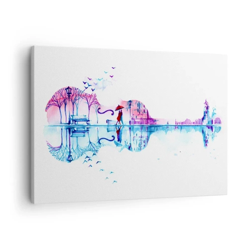 Tablou pe pânză Canvas - Siluetă de oraș în formă de vioară în culori de acuarelă - 70x50cm - Îți voi aduce cântece de ploaie - Decorațiune modernă pentru perete pentru living și dormitor ARTTOR