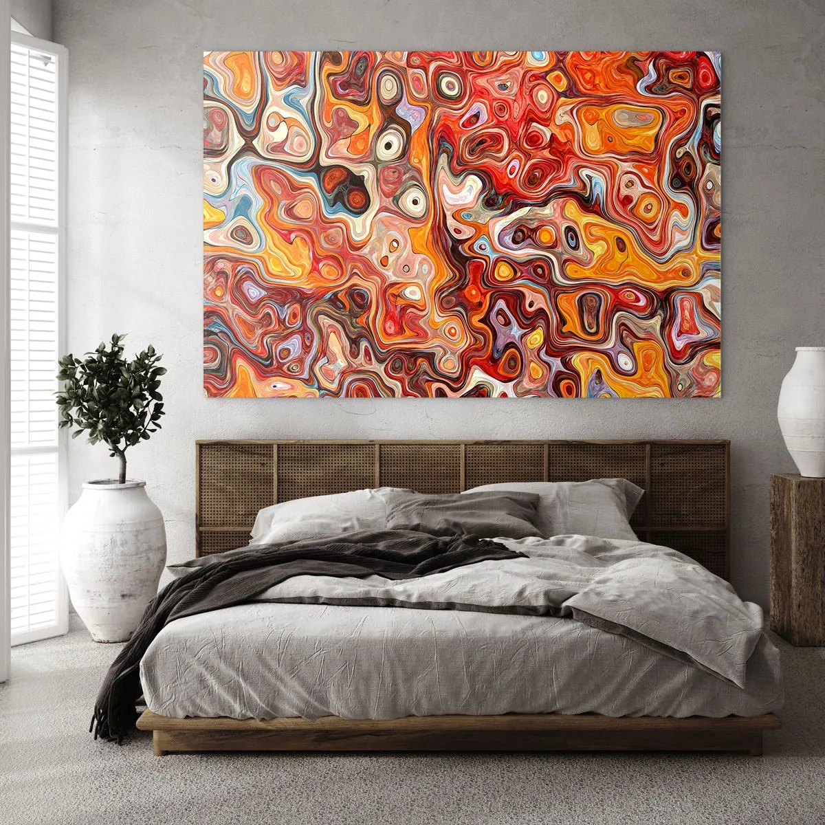 Tablou pe sticlă - Compoziție abstractă în nuanțe de portocaliu și roșu - 70x50cm - Dacă nucile s-au topit în miere - Decorațiune modernă pentru perete pentru living și dormitor ARTTOR