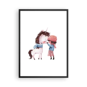 Poster în ramă neagră - O fată și un unicorn în haine de iarnă se îmbrățișează - 50x70cm - O poveste de iarnă - Decorațiune modernă pentru perete pentru living și dormitor ARTTOR