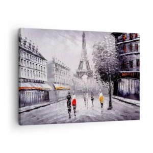 Tablou pe pânză Canvas - O vedere a Turnului Eiffel într-un decor monocromatic cu accente de culoare - 70x50cm - O plimbare pariziană - Decorațiune modernă pentru perete pentru living și dormitor ARTTOR