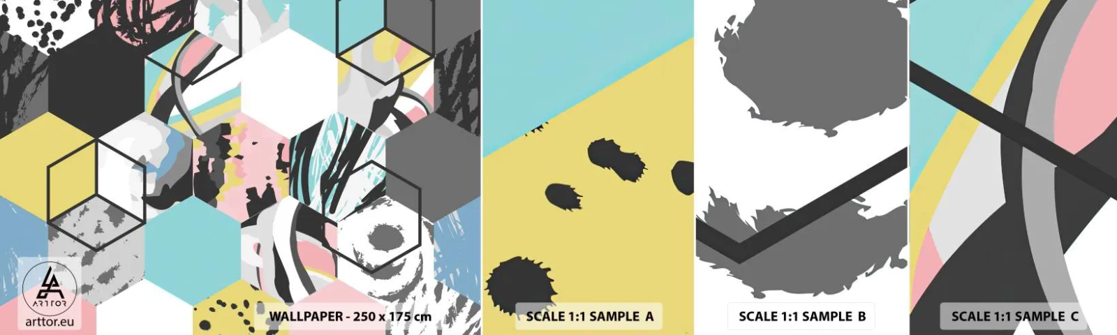 Mostră tapet autocolant Deluxe Sticker - Hexagoane și cuburi în șase culori - Abstracția, Bucată, Model modern - 100x30 cm