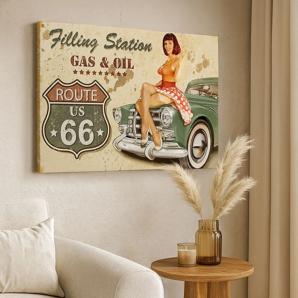 Tablou pe pânză Canvas - Posterul retro cu Ruta 66 cu o fată pin-up și o mașină - 70x50cm - Extraordinari ani '40. - Decorațiune modernă pentru perete pentru living și dormitor ARTTOR