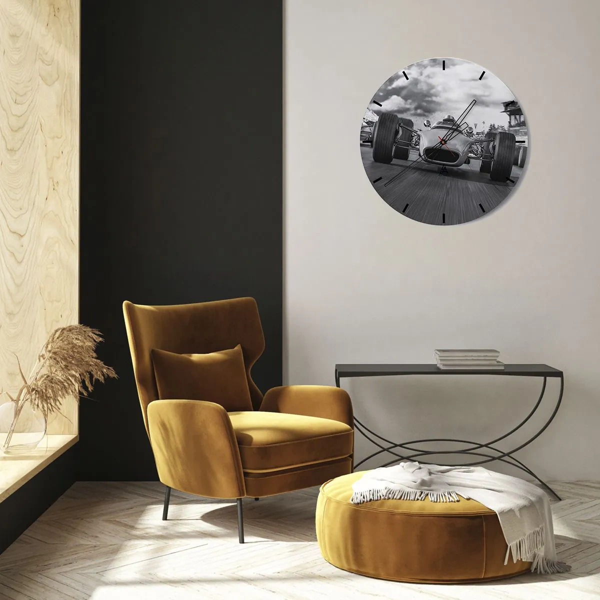 Ceas de perete - Ceas pe sticlă - O mașină de curse în mișcare pe o pistă de curse - 30x30cm - Cai putere! - Decorațiune modernă pentru perete pentru living, bucătărie și dormitor ARTTOR