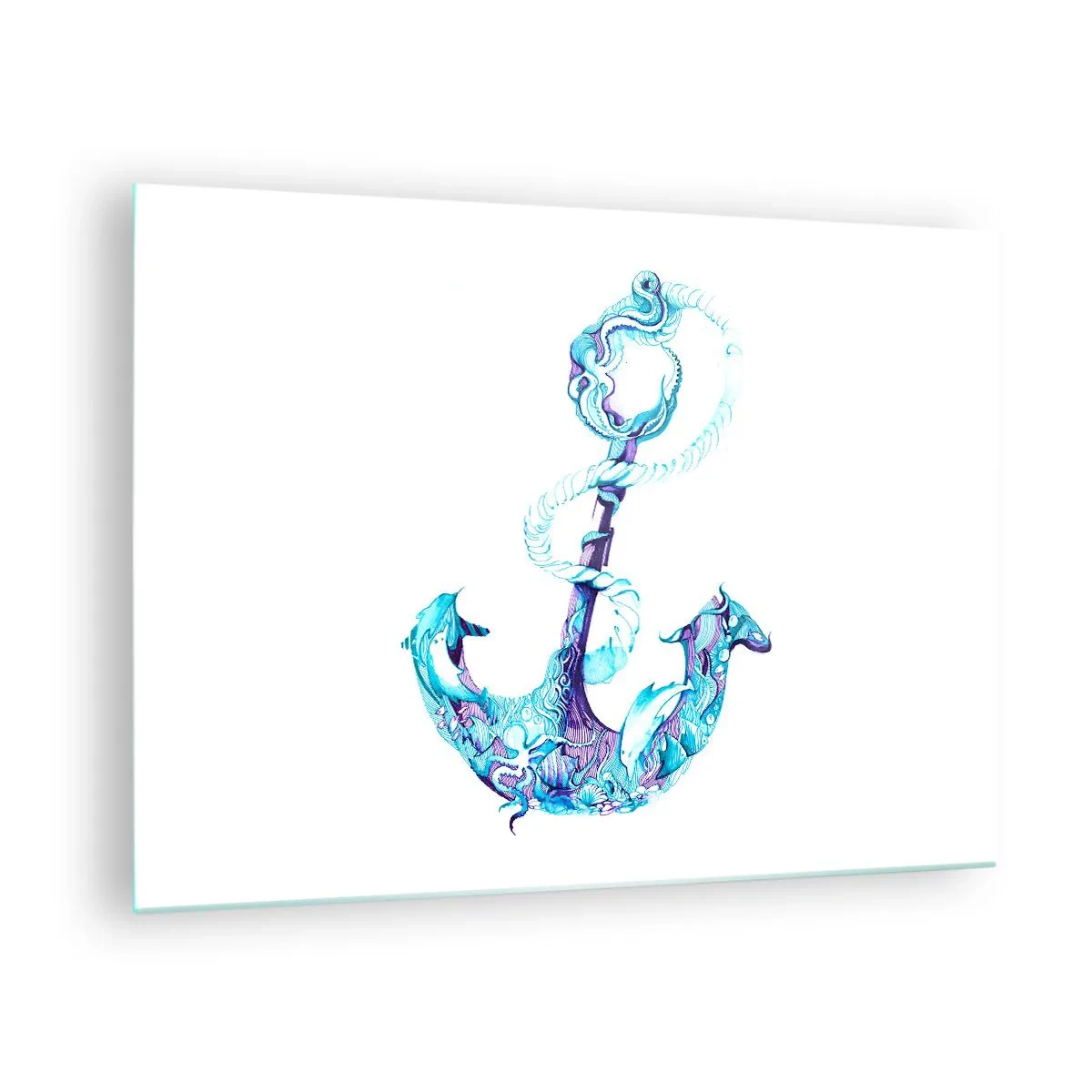 Tablou pe sticlă - Ancoră cu motive nautice în stil artistic - 70x50cm - Confidenta secretelor mării - Decorațiune modernă pentru perete pentru living și dormitor ARTTOR