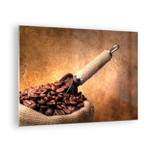 Tablou pe sticlă - Boabe de cafea într-o pungă de iută cu o lingură metalică - 70x50cm - La sursa gustului - Decorațiune modernă pentru perete pentru living și dormitor ARTTOR