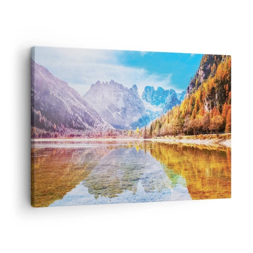 Tablou pe pânză Canvas - Peisaj montan de toamnă cu un lac - 70x50cm - Iar în munți începe toamna - Decorațiune modernă pentru perete pentru living și dormitor ARTTOR