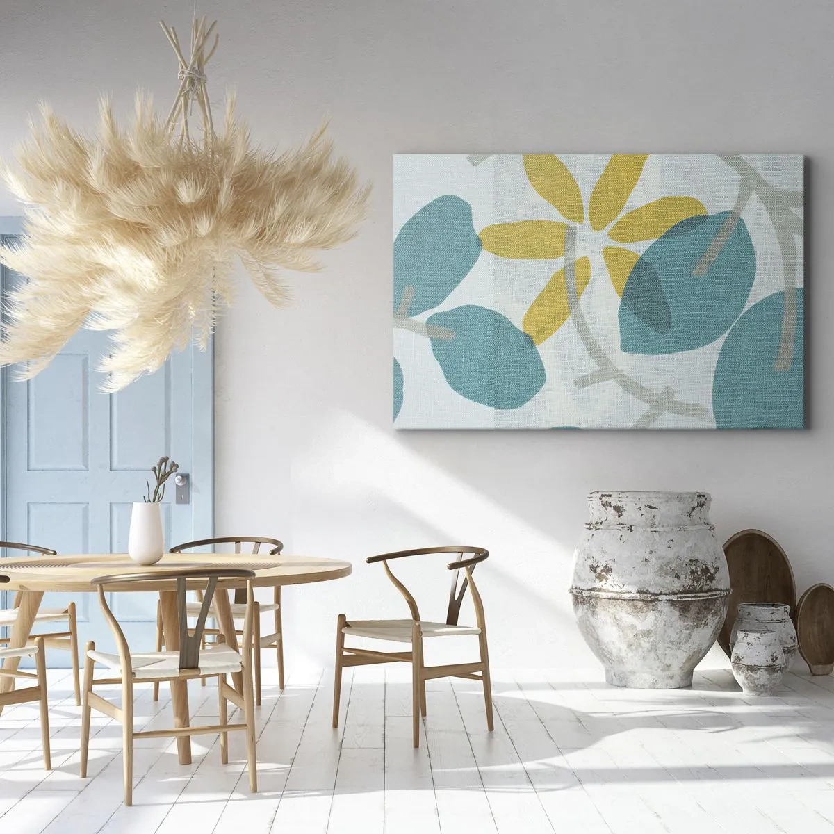 Tablou pe pânză Canvas - Frunze în nuanțe de turcoaz și galben pe un fundal deschis - 70x50cm - Printre frunzele de azur - Decorațiune modernă pentru perete pentru living și dormitor ARTTOR