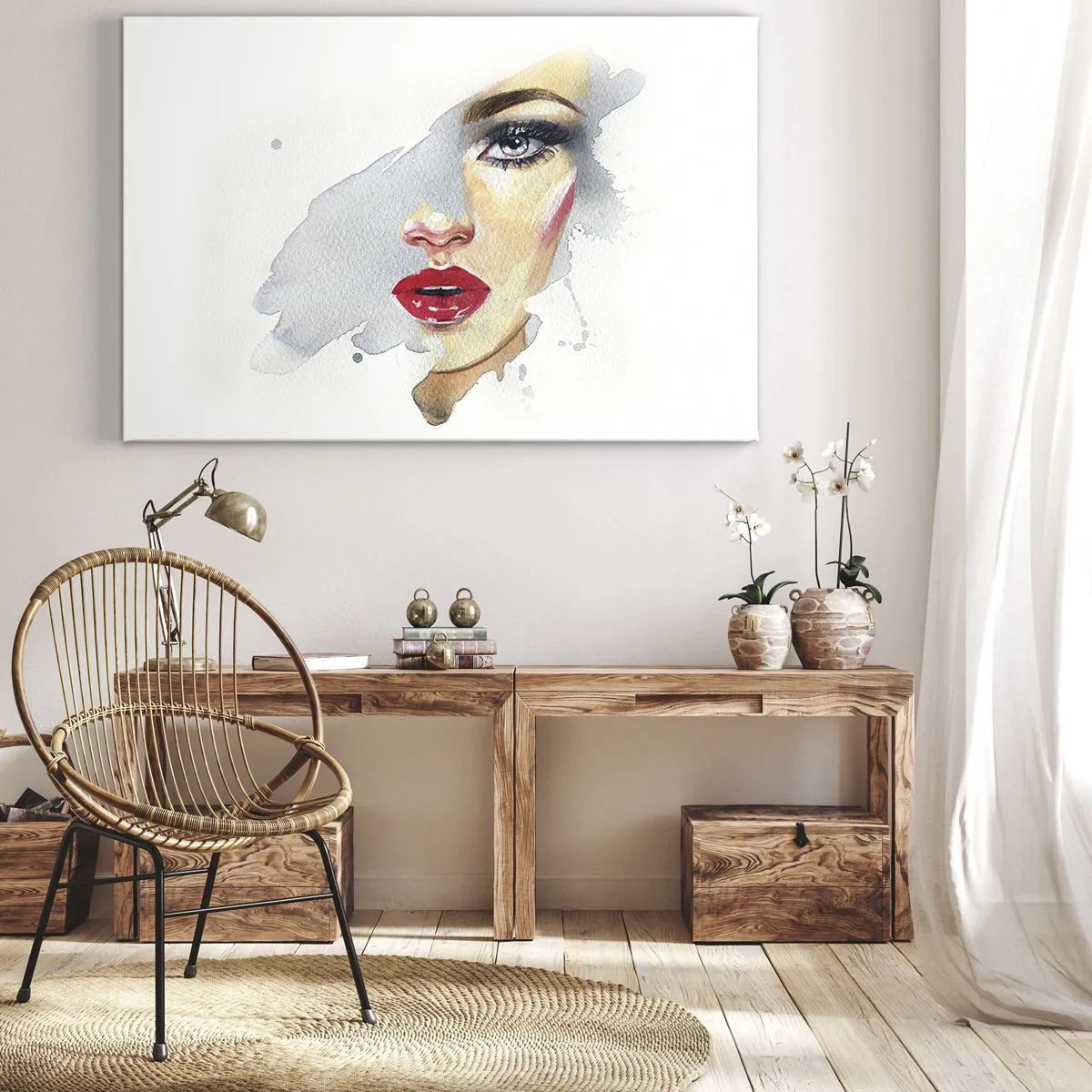 Tablou pe pânză Canvas - Un portret în acuarelă al unei femei cu o privire intensă. - 70x50cm - Reflecție într-o picătură de apă - Decorațiune modernă pentru perete pentru living și dormitor ARTTOR