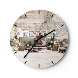 Ceas de perete - Ceas pe sticlă - rulotă cu elemente decorative pe un fundal de peisaj natural - 30x30cm - Să înceapă călătoria - Decorațiune modernă pentru perete pentru living, bucătărie și dormitor ARTTOR