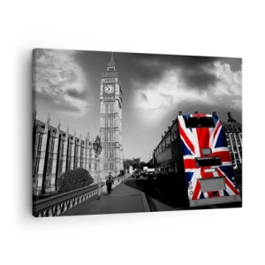 Tablou pe pânză Canvas - Big Ben și un autobuz cu un steag britanic pe un fundal alb-negru - 70x50cm - Mândru și mare - Decorațiune modernă pentru perete pentru living și dormitor ARTTOR