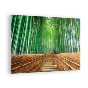 Tablou pe sticlă - O potecă în pădurea de bambus care duce prin scări - 70x50cm - Esența naturii asiatice - Decorațiune modernă pentru perete pentru living și dormitor ARTTOR