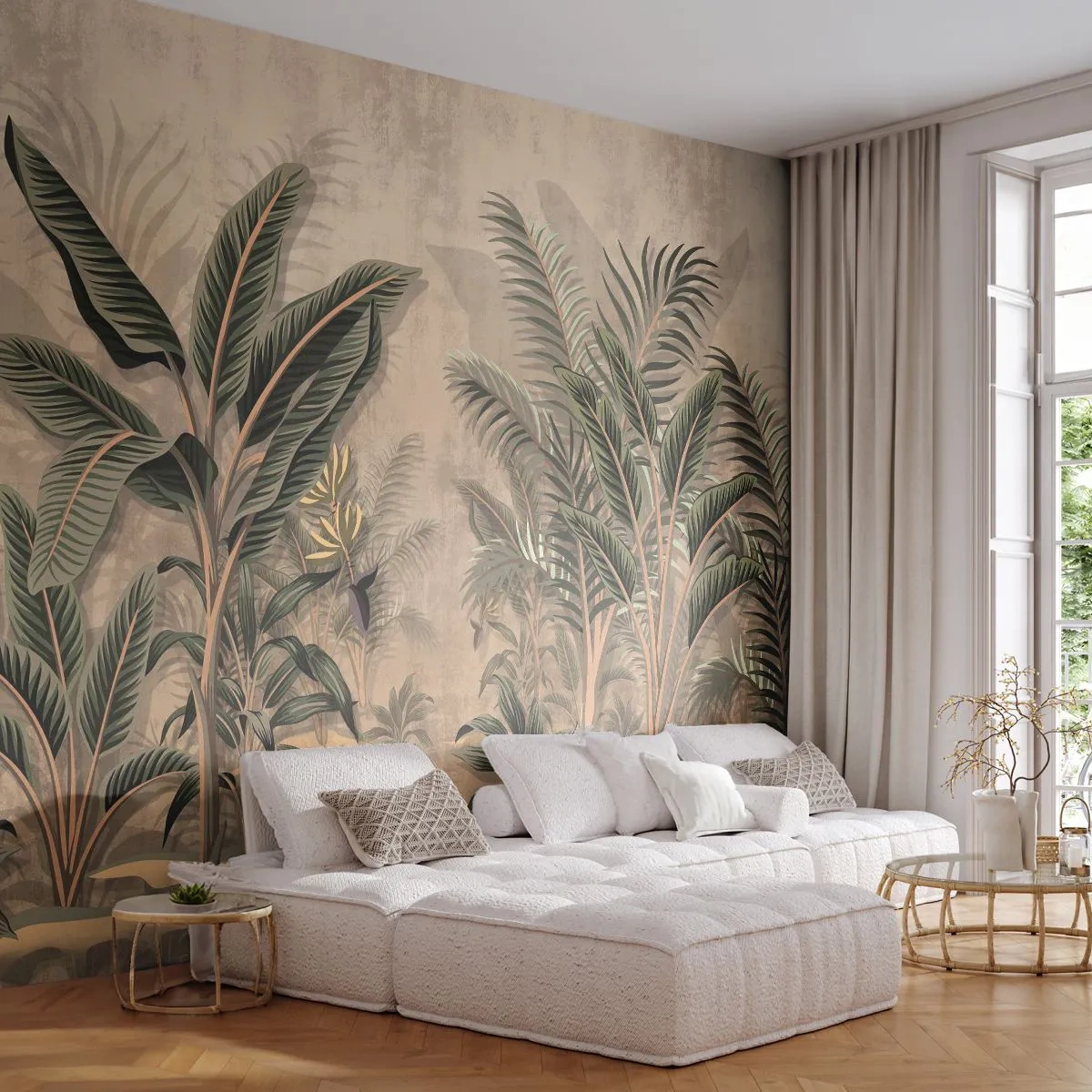 Tapet Premium Sand - Gravură în stil colonial - Padure tropicala, Palmier de nuca de cocos, Bananer - 100x70 cm