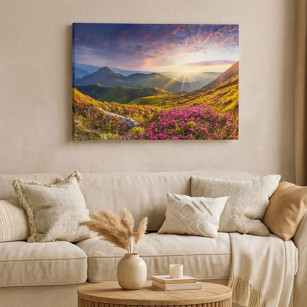Tablou pe pânză Canvas - Peisaj montan cu rododendroni înfloriți - 70x50cm - Prospețimea unei dimineți de munte - Decorațiune modernă pentru perete pentru living și dormitor ARTTOR