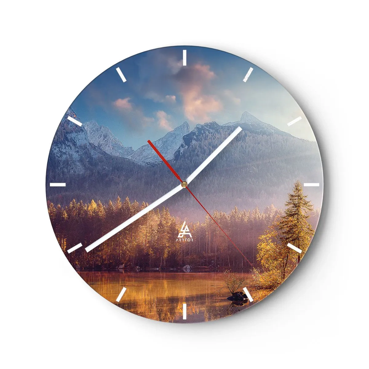 Ceas de perete - Ceas pe sticlă - Peisaj montan la apus cu reflecție în lac - 30x30cm - La munte și la deal - Decorațiune modernă pentru perete pentru living, bucătărie și dormitor ARTTOR