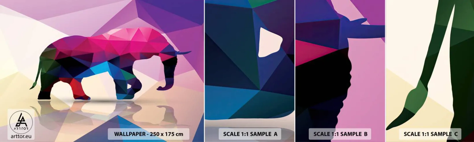 Mostră tapet autocolant Deluxe Sticker - Dinozaur de cristal - Animale, Elefant, Figura geometrică - 100x30 cm